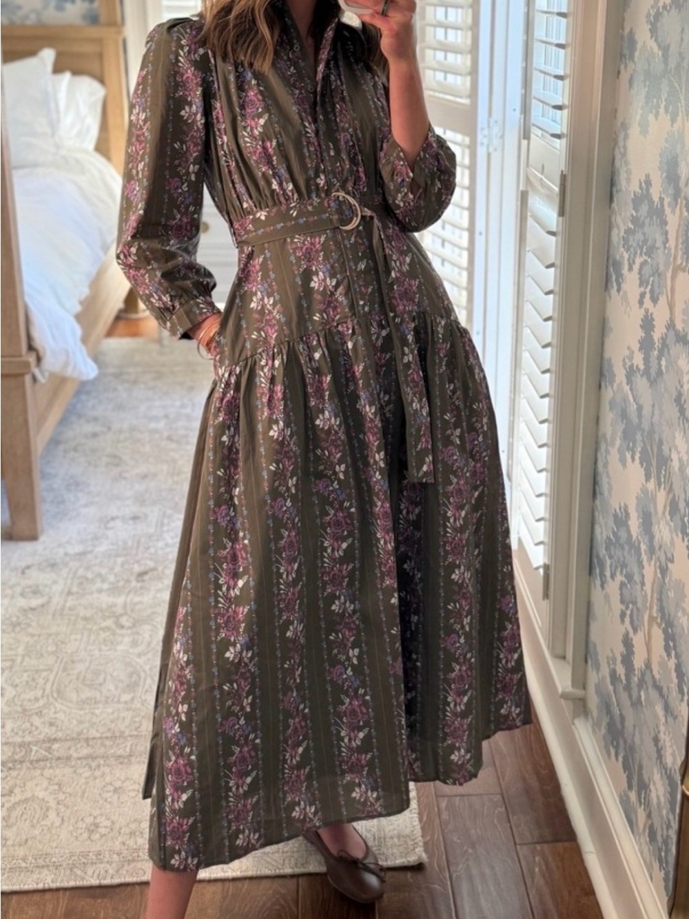 Olive Floral Midi Shirt Dress with O-Ring Belt